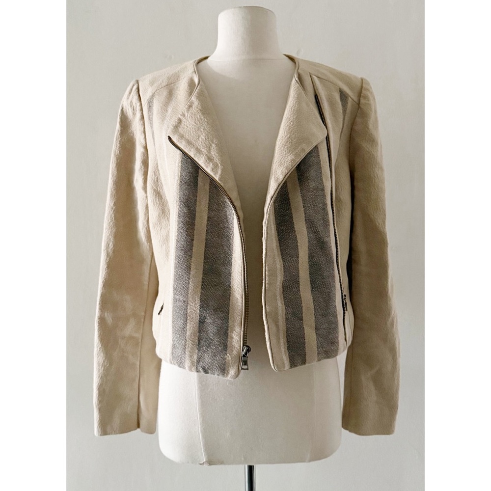 BCBGMaxAzria Holden Linen Blend Striped Beige Biker Jacket Size Small (S)